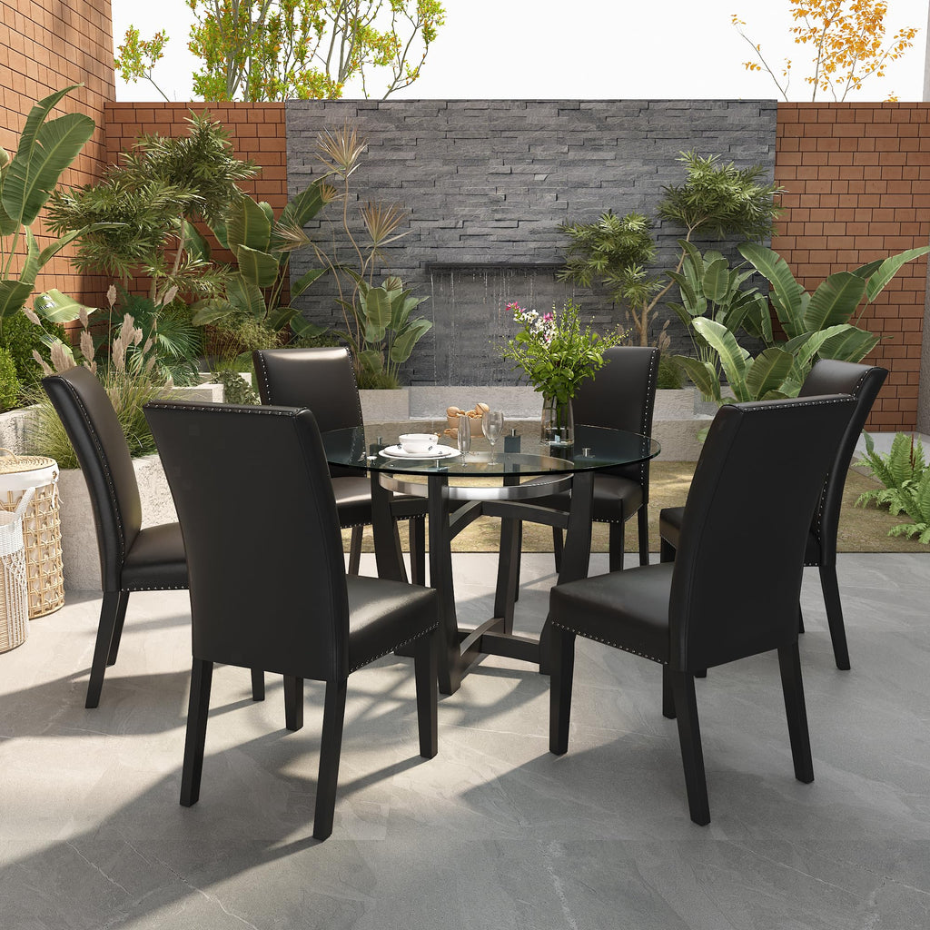 48" Glass Dining Table Set with 4 PU Leather Chairs Y2854