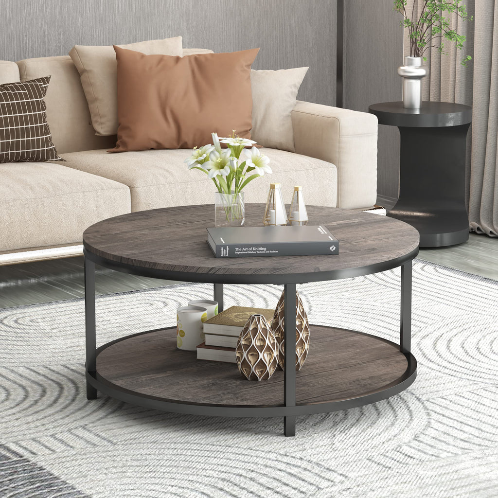 Round 2-Tier Wood Coffee Table with Storage Shelf R5450