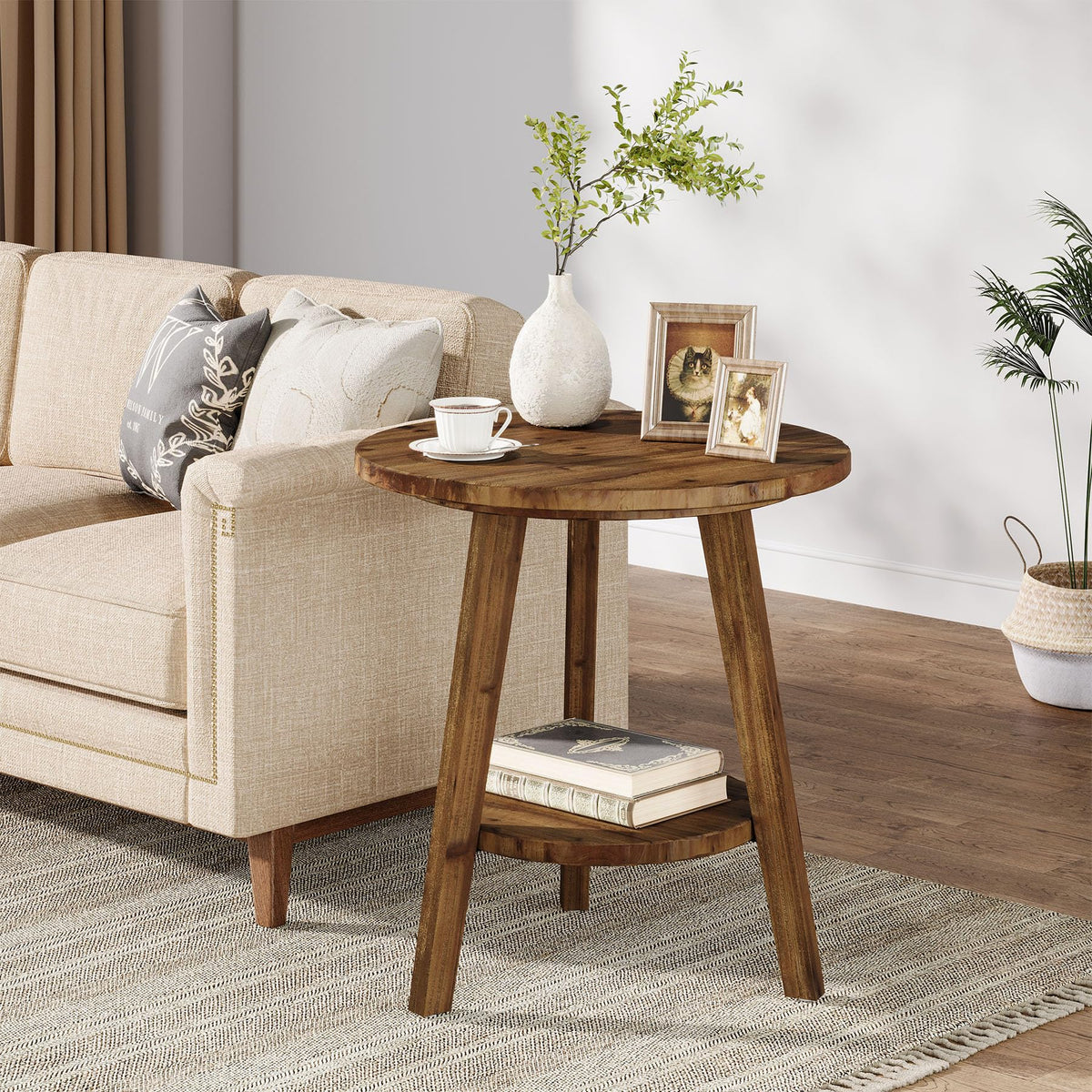 Solid Wood Round End Table with Storage Shelf L1774