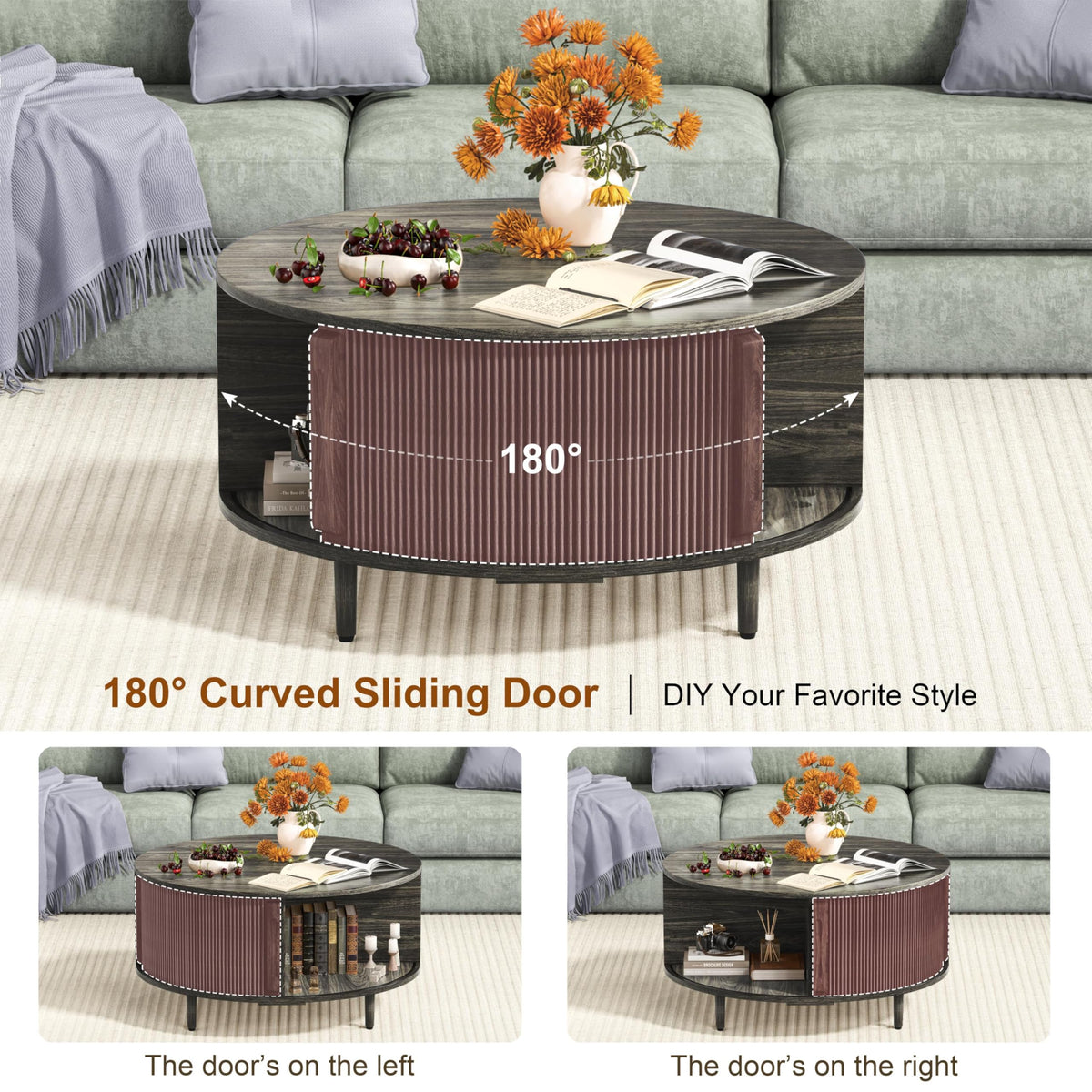Round Coffee Table, 31.5" Lift-Top with Storage, Grey B9419