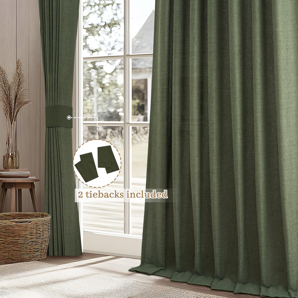 Dark Green 96 Inches Long Thick Linen 2 Panels Set Curtains O309713