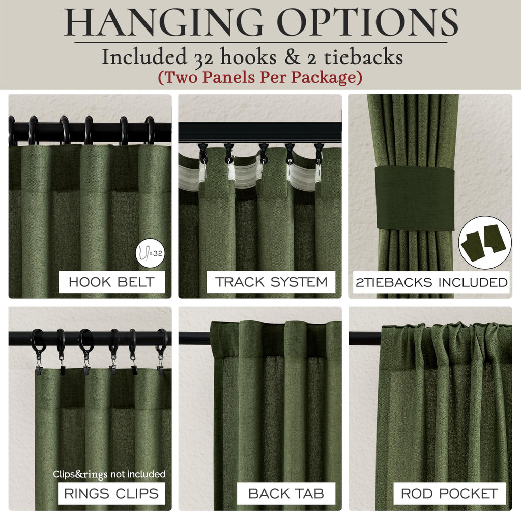 Dark Green 96 Inches Long Thick Linen 2 Panels Set Curtains O309713