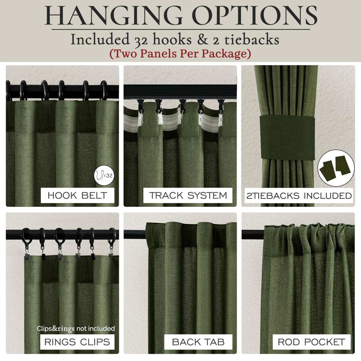 Dark Green 96 Inches Long Thick Linen 2 Panels Set Curtains O309713