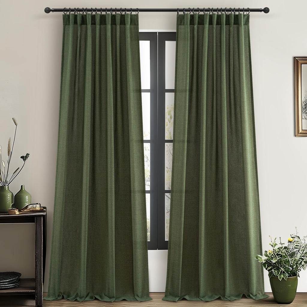 Dark Green 96 Inches Long Thick Linen 2 Panels Set Curtains O309713