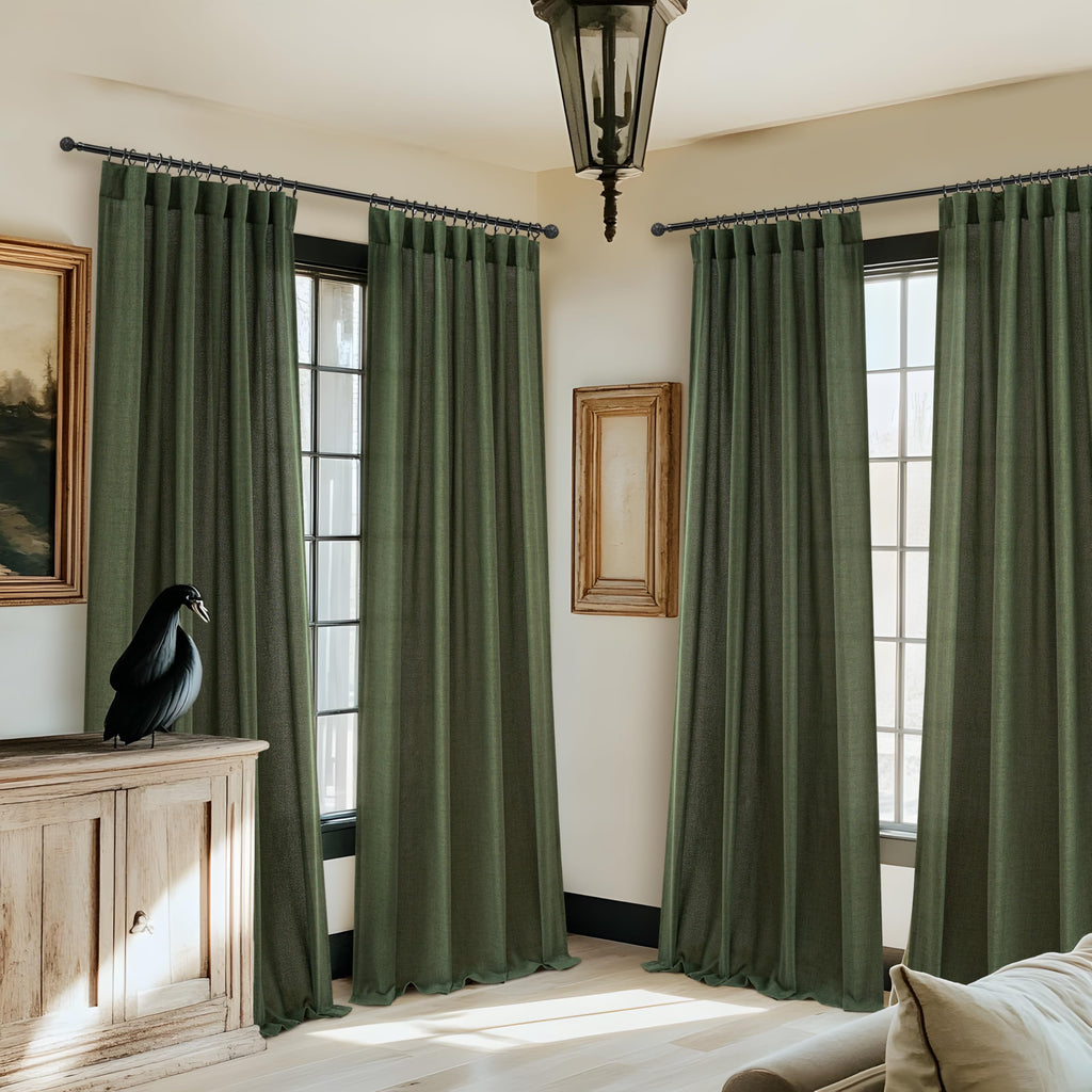 Dark Green 96 Inches Long Thick Linen 2 Panels Set Curtains O309713