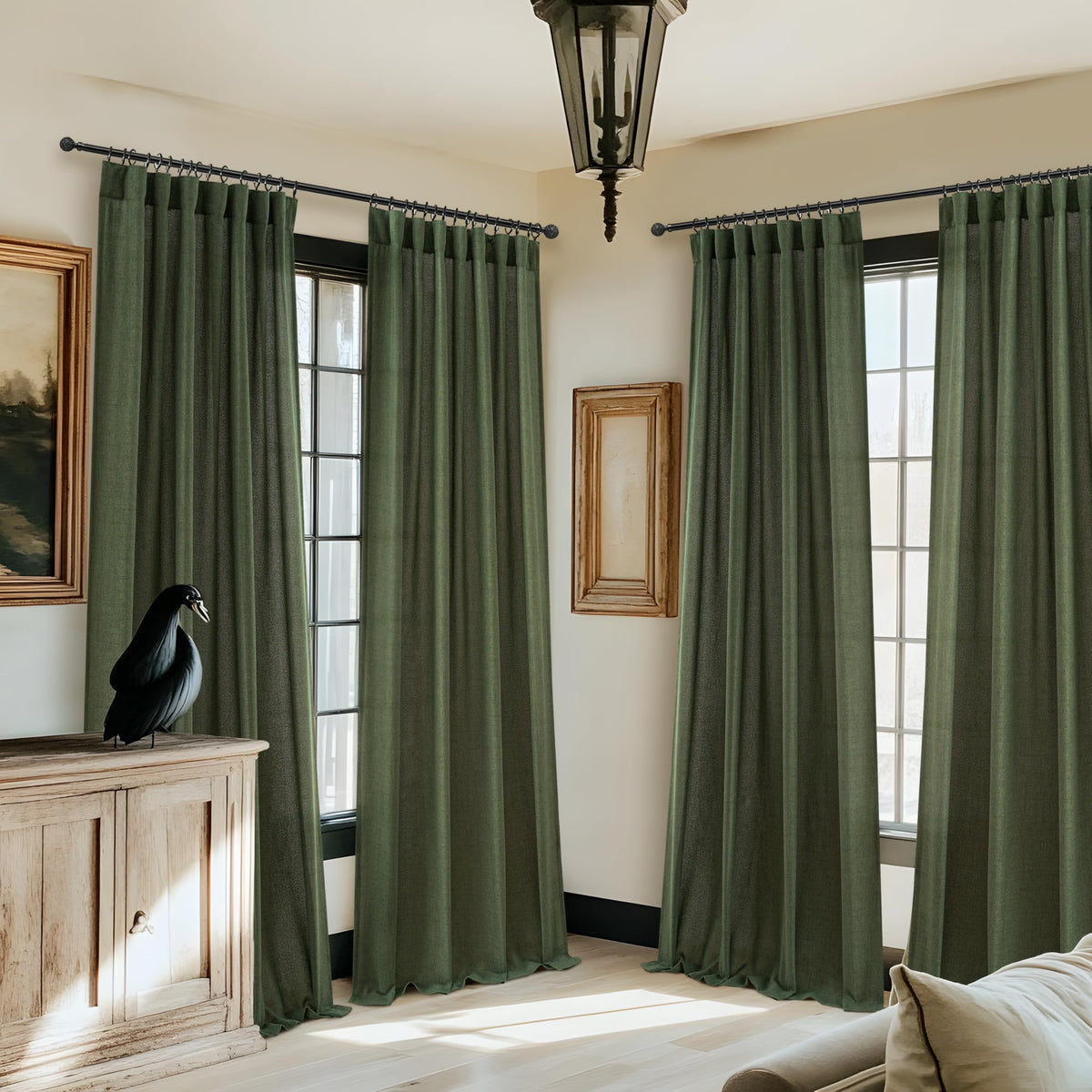 Dark Green 96 Inches Long Thick Linen 2 Panels Set Curtains O309713