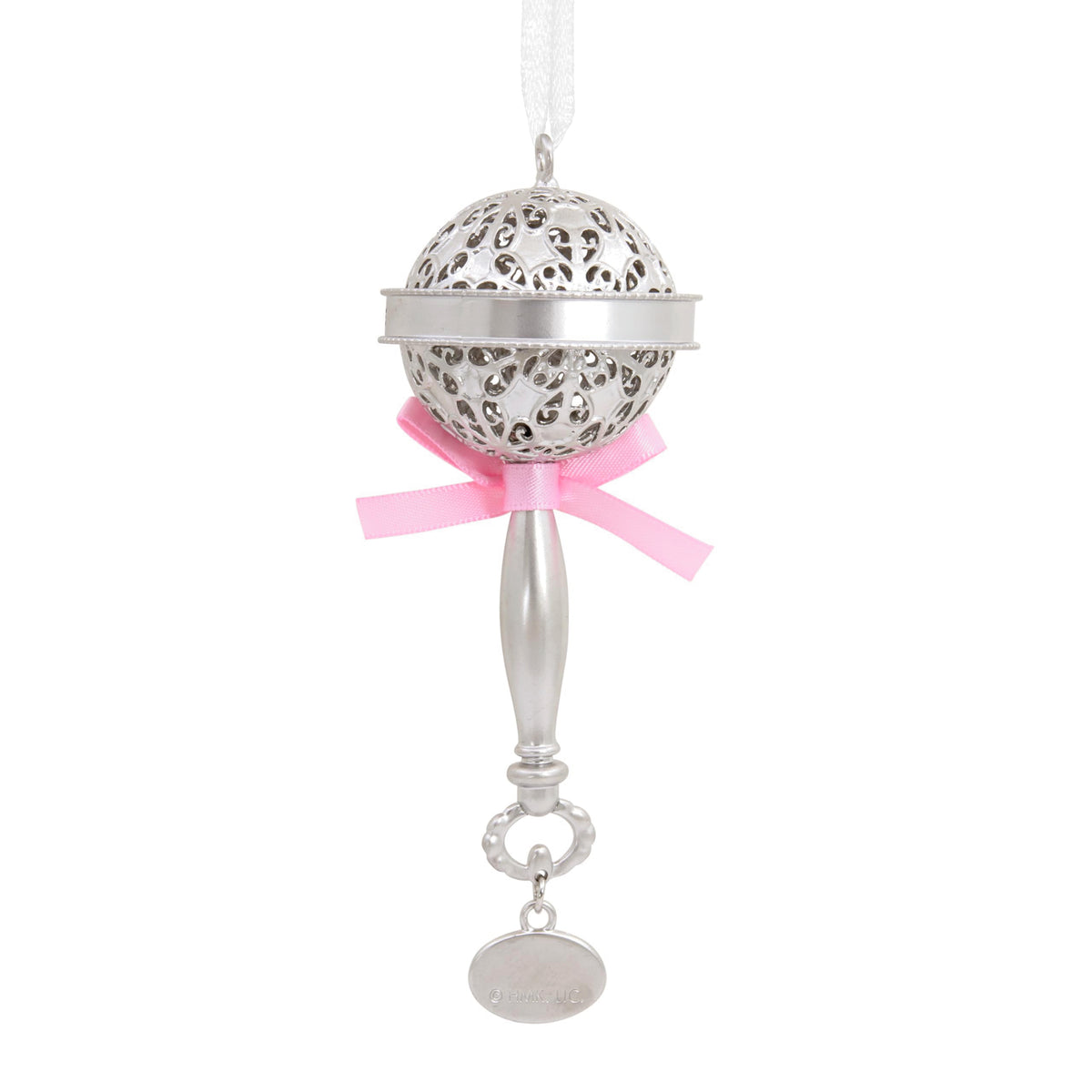 Silver Rattle with Pink Ribbon Christmas Ornament Y83592