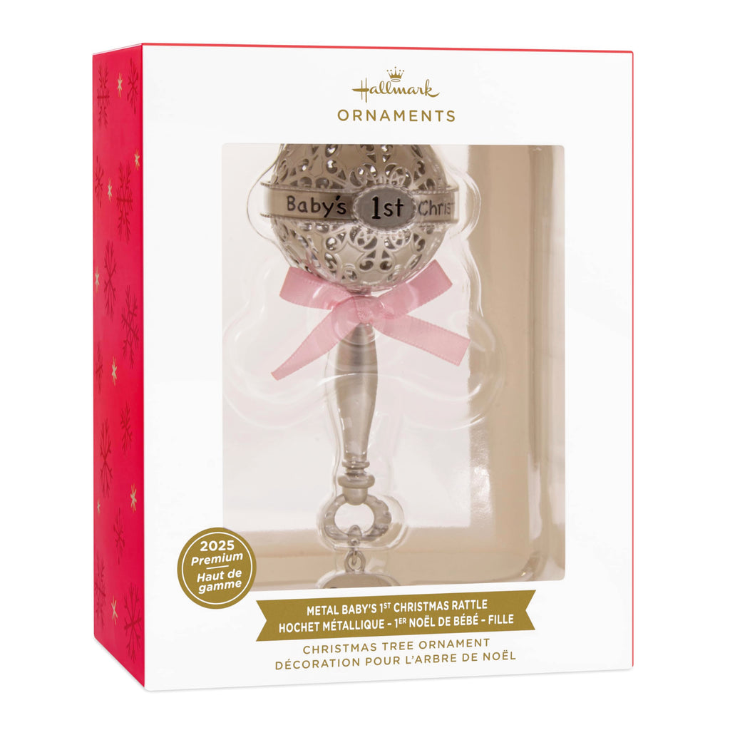 Silver Rattle with Pink Ribbon Christmas Ornament Y83592