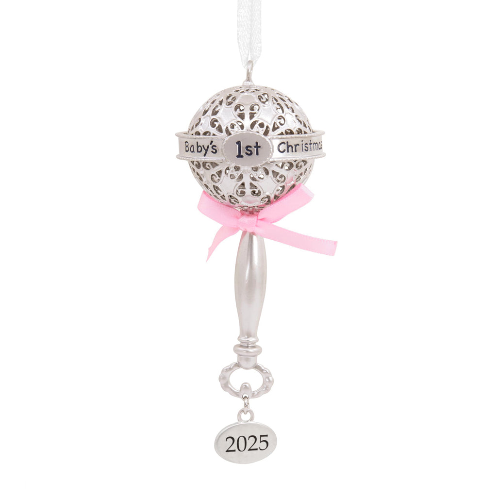 Silver Rattle with Pink Ribbon Christmas Ornament Y83592
